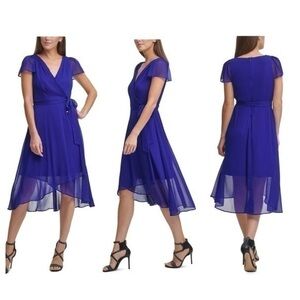 NWT DKNY Ruffled Flutter-sleeve Faux-wrap Dress 4 I17